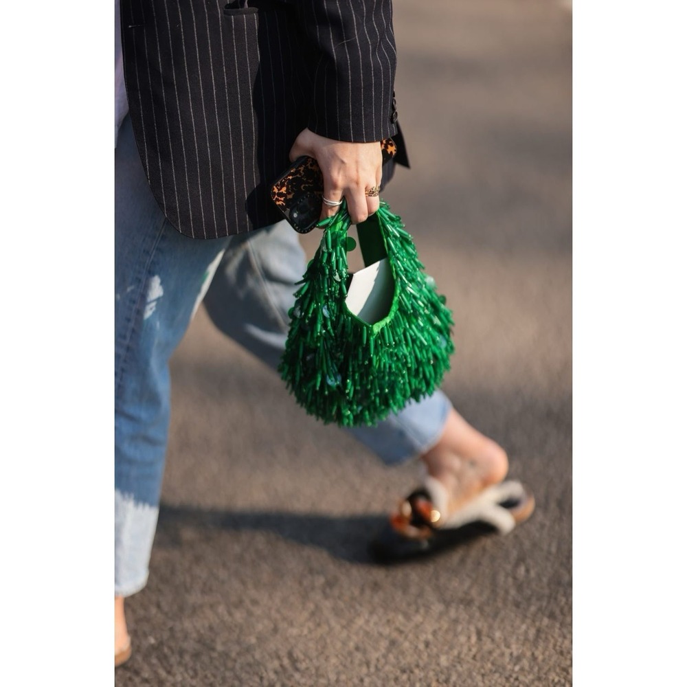 Zara Green Beaded Sequin Satin Statement Glam Hobo Handbag Evening Purse Bag - Picture 2 of 12